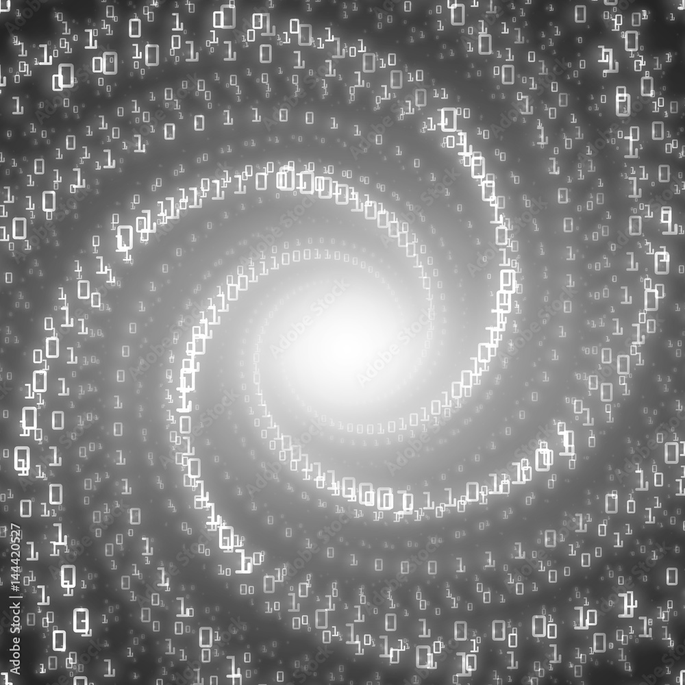 Vector data flow visualization.Grayscale big data flow as binary numbers strings twisted in infinity tunnel. Information code stream representation. Cryptographic analysis. Bitcoin blockchain transfer