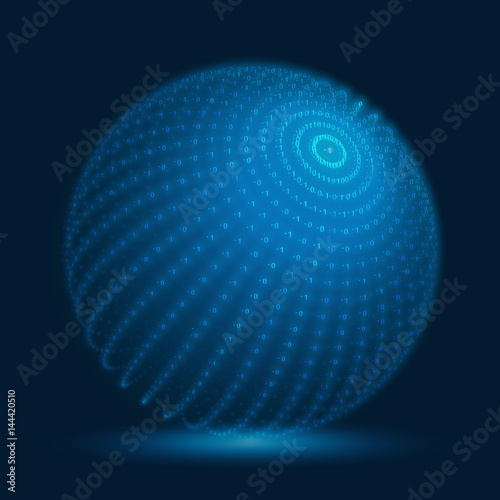 Vector cyber sphere. Blue big data sphere with binary numbers strings. Information code structure representation. Cryptographic analysis. Bitcoin blockchain transfer.