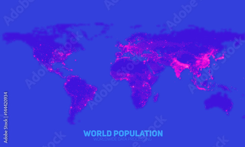 Vector abstract world population density map. Continents constructed from binary numbers. Global information network. Worldwide network. International data. Society density over the globe.
