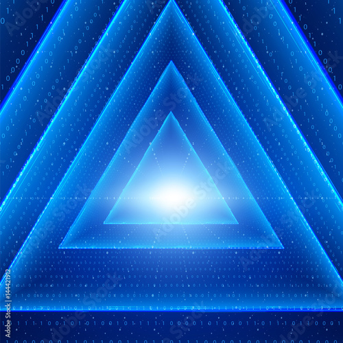 Vector data flow visualization. Triangle glowing tunnel of blue big data flow as binary strings. Cyber world of code. Cryptographic analysis. Bitcoin blockchain transfer. Information stream