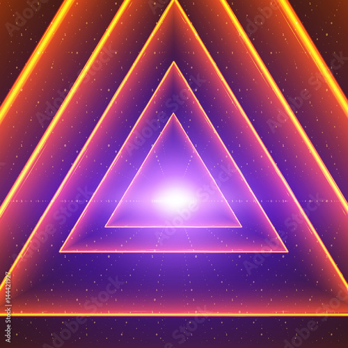 Vector data flow visualization. Triangle glowing tunnel of colorful big data flow as binary strings. Cyber world of code. Cryptographic analysis. Bitcoin blockchain transfer. Information stream