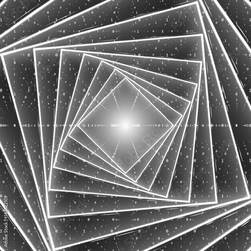 Vector data flow visualization. Square twisted glowing tunnel of grayscale big data flow as binary strings. Cyber world of code. Cryptographic analysis. Bitcoin blockchain transfer. Information stream
