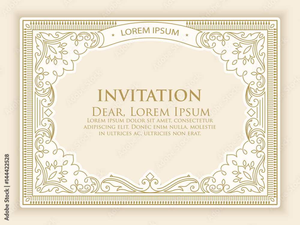 Vector floral and geometric monogram frame on light yellow background with sample text. Monogram design element. Old fashioned invitation card.
