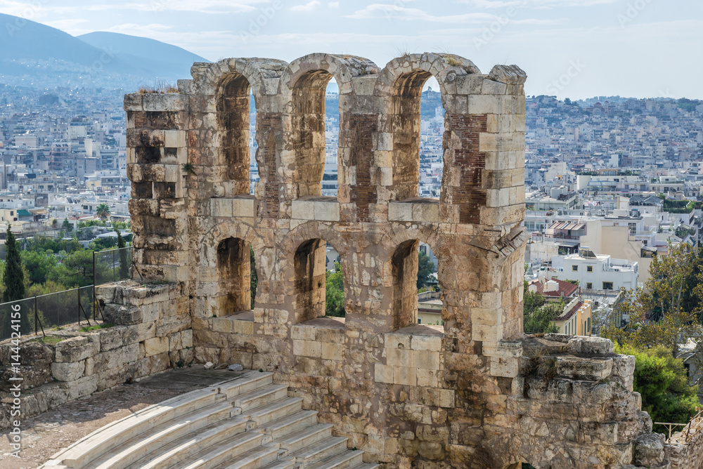 Ruins of ancient theater Herod Atticus Odeon, Acropolis in Athens, Greece