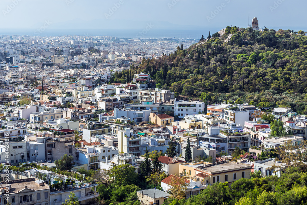 Aerial view with Musaios Hill from Acropolis hill in Athens, Greece