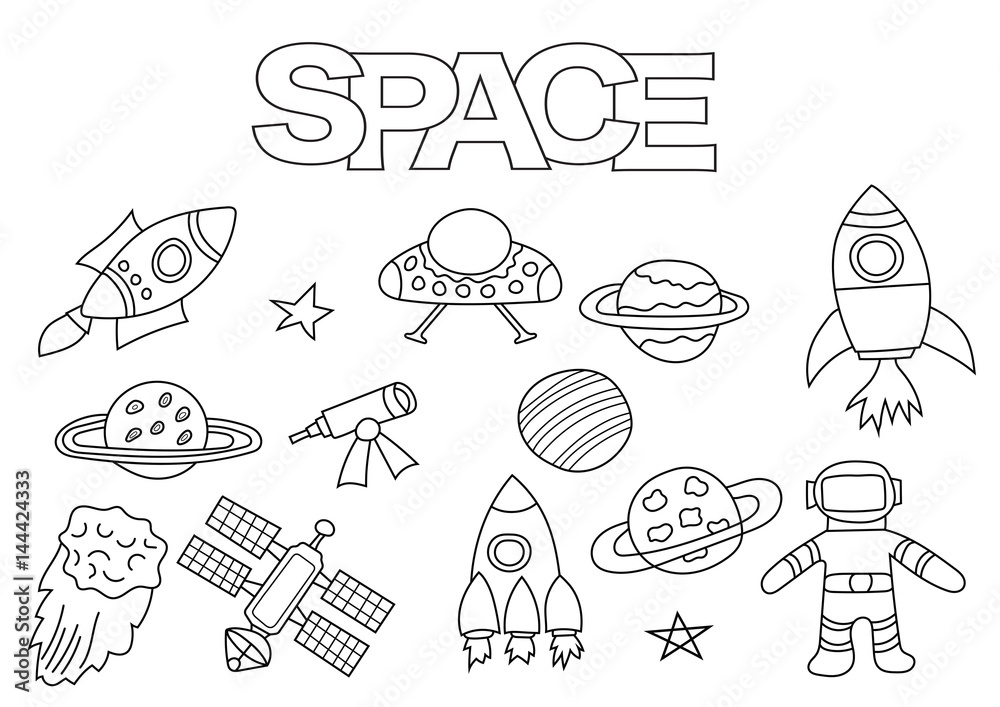 Space elements hand drawn set. Coloring book template.  Outline doodle elements vector illustration. Kids game page.