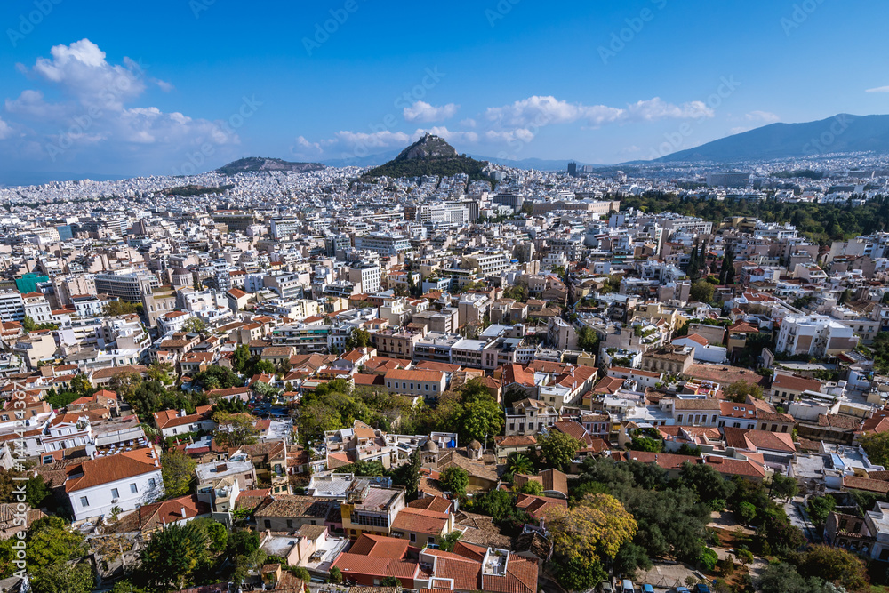 Lycabettus mountain and cityscape of Athens seen from Acropolis hill, Greece