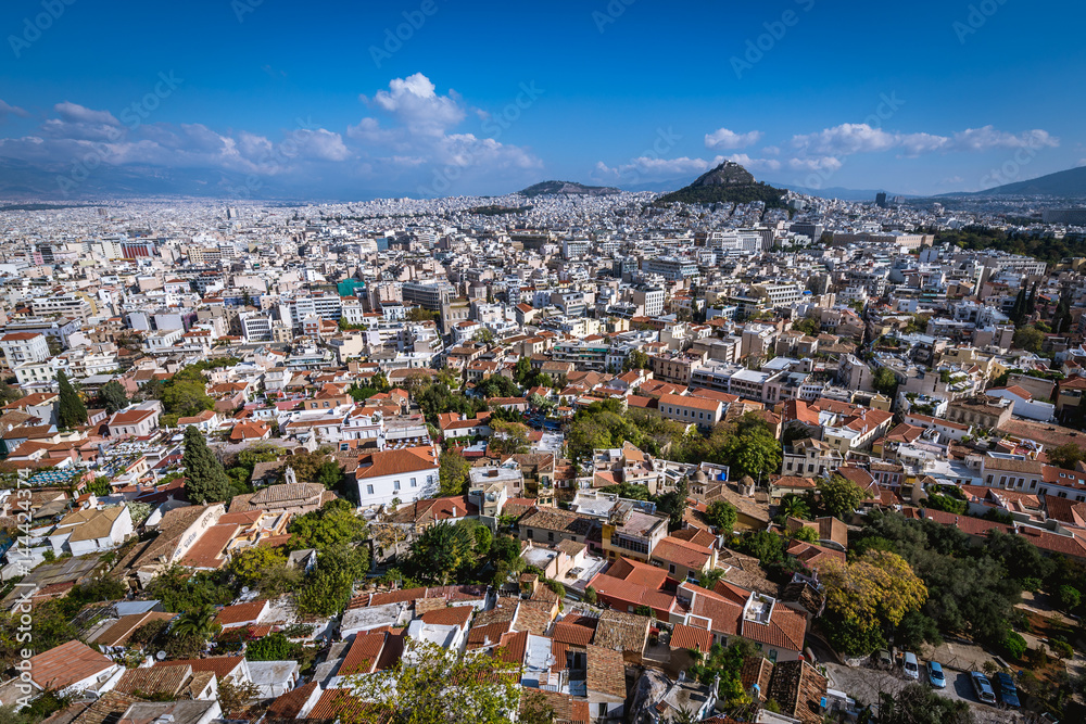 Aerial view with Mount Lycabettus from Acropolis hill in Athnes, Greece