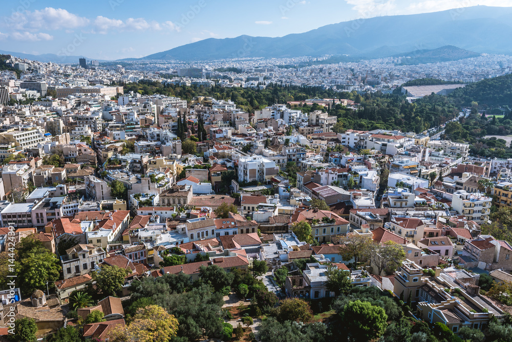 Aerial view on Plaka old town from Acropolis hill of Athens, Greece