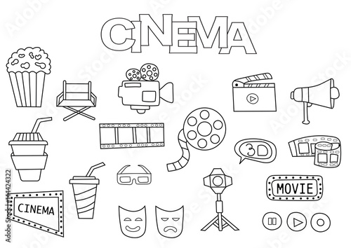 Hand drawn cinema set. Coloring book template.  Outline doodle elements vector illustration. Kids game page.