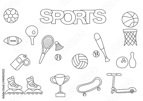 Hand drawn sports set. Coloring book template.  Outline doodle elements vector illustration. Kids game page.