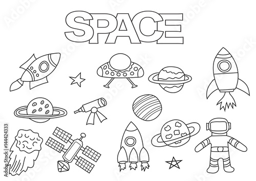 Space elements hand drawn set. Coloring book template.  Outline doodle elements vector illustration. Kids game page.