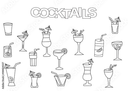 Hand drawn cocktails set. Coloring book template.  Outline doodle elements vector illustration. Kids game page.
