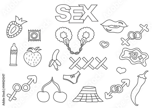 Sex and porn elements hand drawn set. Coloring book template.  Outline doodle elements vector illustration. Kids game page.