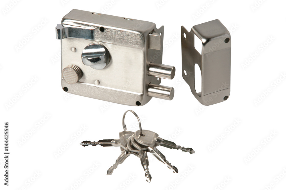 Stainless door lock with keys isolated on a white background Stainless door lock with keys isolated on a white background