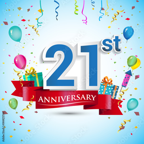21st Years Anniversary Celebration Design, with gift box and balloons, Red ribbon, Colorful Vector template elements for your twenty one birthday celebrating party.