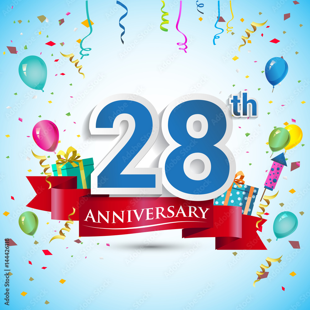28th Years Anniversary Celebration Design, with gift box and balloons, Red ribbon, Colorful Vector template elements for your twenty eight birthday celebrating party.