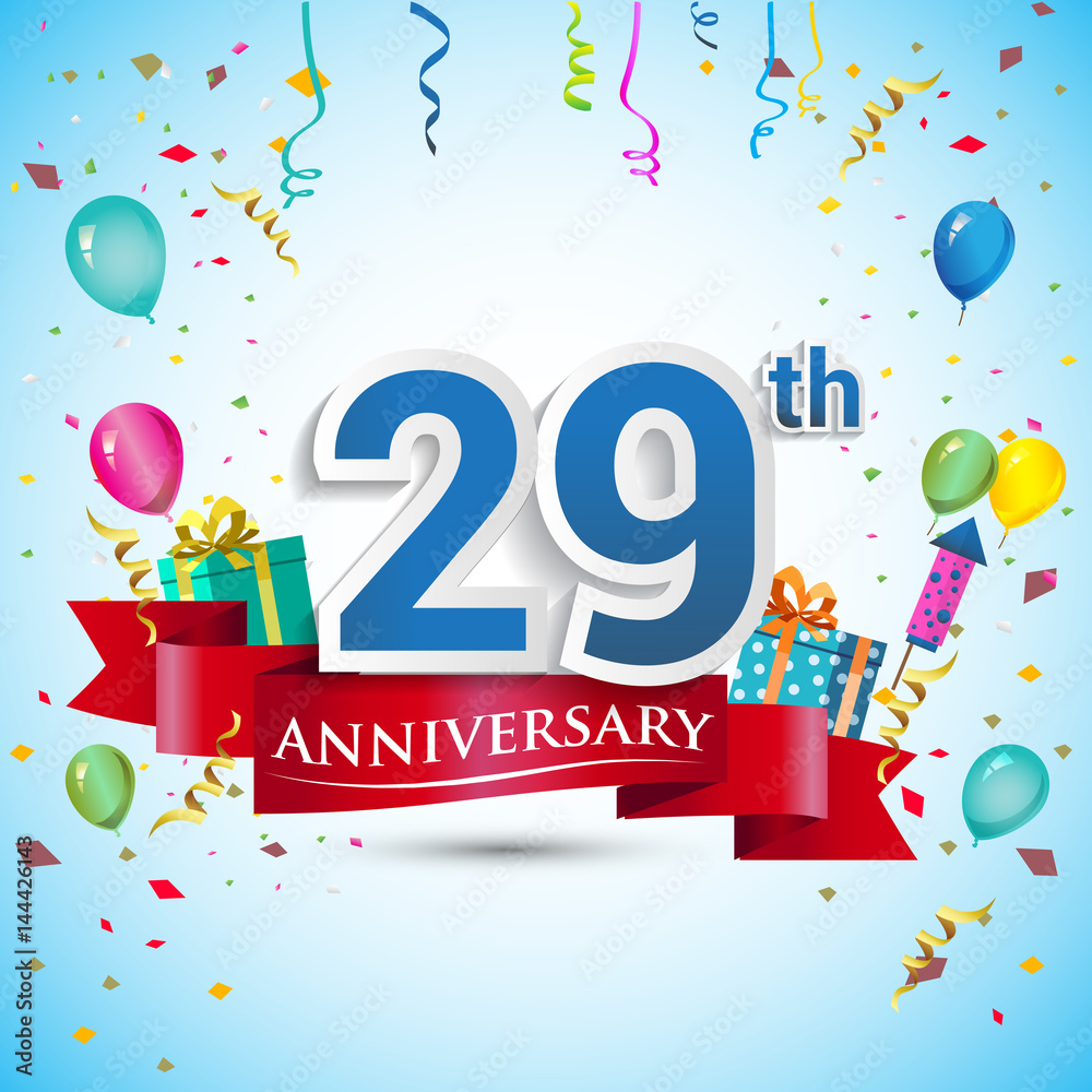 29th Years Anniversary Celebration Design, with gift box and balloons, Red ribbon, Colorful Vector template elements for your twenty nine birthday celebrating party. 29th Years Anniversary Celebration Design, with gift box and balloons, Red ribbon, Colorful Vector template elements for your twenty nine birthday celebrating party.