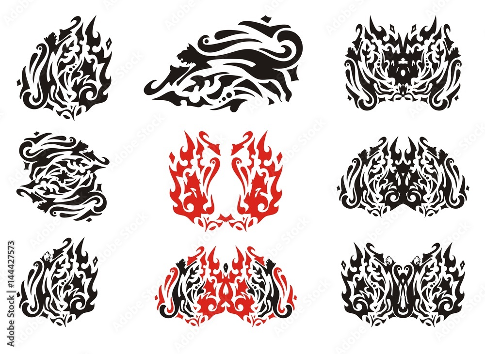 Tribal cat leaf and butterflies from it. Flaming aggressive cat stylized in the form of a leaf in red-black tones and tribal butterflies from it