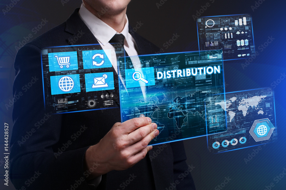 Business, Technology, Internet and network concept. Young businessman working on a virtual screen of the future and sees the inscription: Distribution Business, Technology, Internet and network concept. Young businessman working on a virtual screen of the future and sees the inscription: Distribution