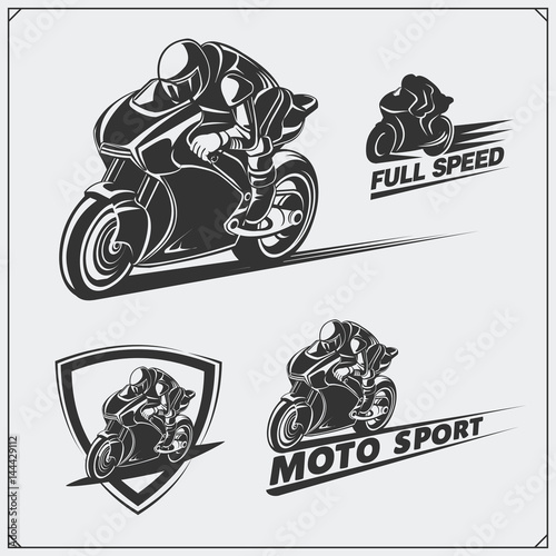 Set of racing motorcycle emblems, badges, labels and design elements. Monochrome style.
