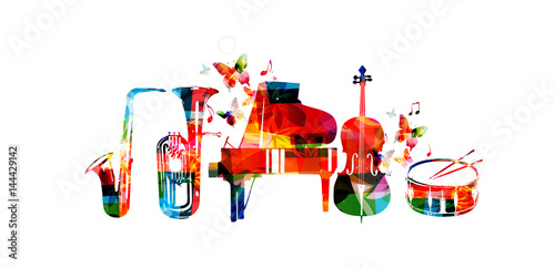 Music instruments background. Colorful saxophone, euphonium, piano, violoncello and drum isolated vector illustration