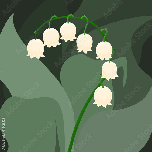 Stylized lily of the valley illustration. A single twig of white and light beige colored bell flowers on green leave background vector.