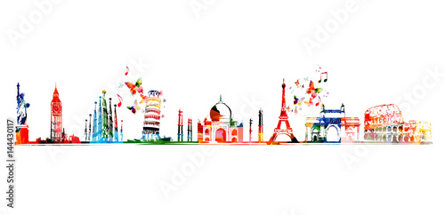 Travel and tourism background. Famous world landmarks vector illustration. World skyline isolated