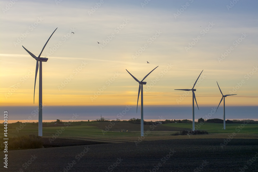 Obraz premium a group of 4 wind turbines standing ready for a new day of clean energy