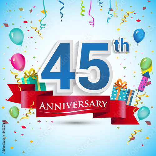 45th Years Anniversary Celebration Design, with gift box and balloons, Red ribbon, Colorful Vector template elements for your forty five birthday celebrating party.