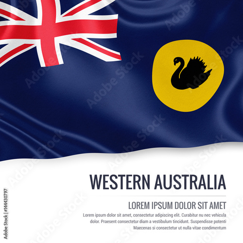Flag of Australian state Western Australia waving on an isolated white background. State name and the text area for your message. © adaptice