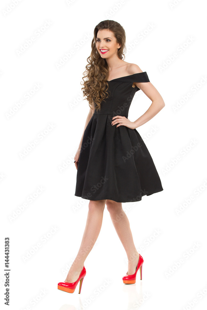 Walking Woman In Black Cocktail Dress ANd High Heels