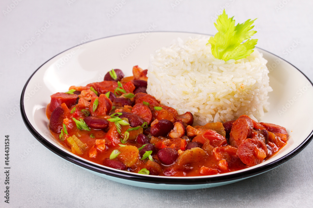 Red Beans with Sausages, Pancetta, Celery Stalks and Rice Red Beans with Sausages, Pancetta, Celery Stalks and Rice