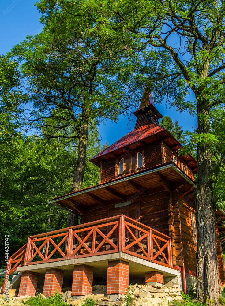 Old wooden chapel between big trees with blue sky in background Old wooden chapel between big trees with blue sky in background