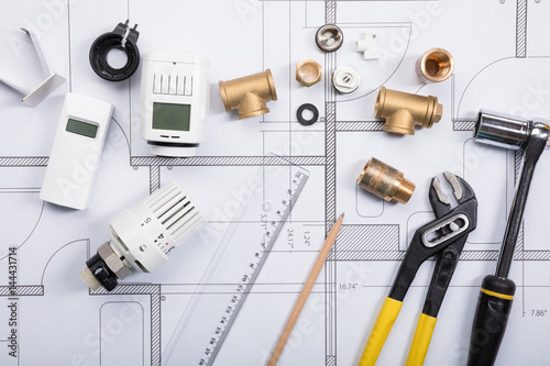 Thermostat With Work Tools On Blueprints