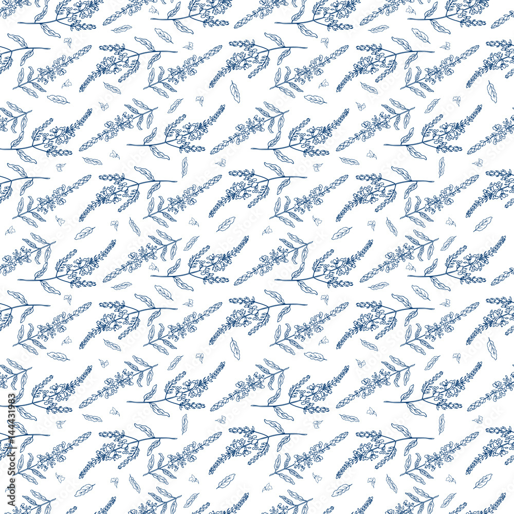 Sage flower hand drawn ink sketch isolated on white background, Doodle Healing plant, Vector seamless pattern, graphic floral texture background for cosmetic, design package tea, textile, wallpaper Sage flower hand drawn ink sketch isolated on white background, Doodle Healing plant, Vector seamless pattern, graphic floral texture background for cosmetic, design package tea, textile, wallpaper