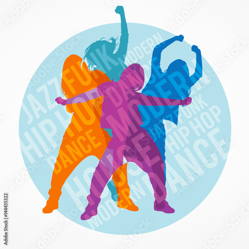 Silhouettes of girls dancing modern dance styles inside circle border