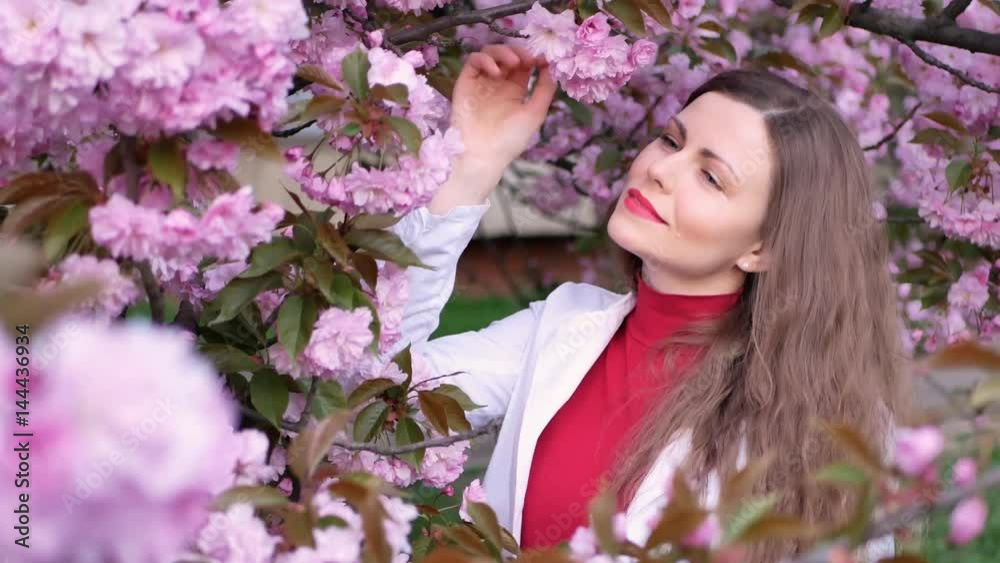 beautiful girl among cherry blossom sakura tree spring pink flowers beautiful girl among cherry blossom sakura tree spring pink flowers