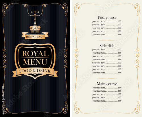 royal menu for restaurant or cafe with price list, gold crown and curly frame in baroque style