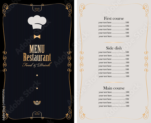 vector menu for restaurant or cafe with price list, gold curly frame and chefs hat in baroque style