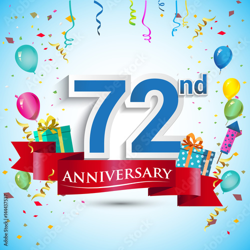 72nd Years Anniversary Celebration Design, with gift box and balloons, Red ribbon, Colorful Vector template elements for your seventy two birthday celebrating party.