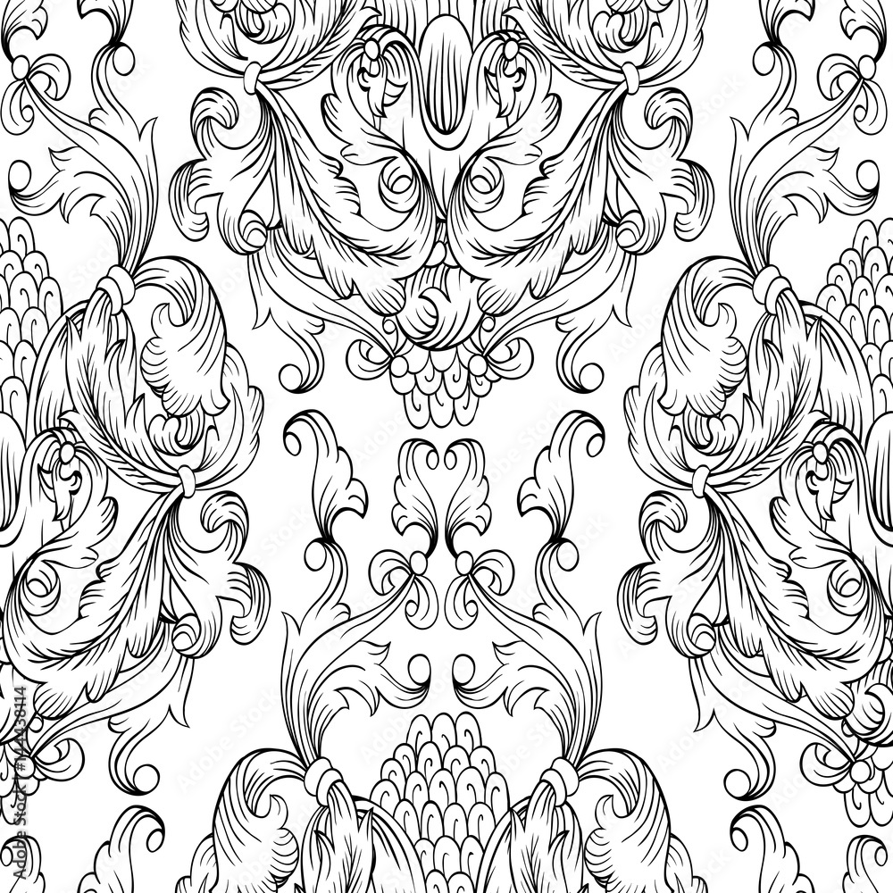 Black damask seamless pattern. Hand drawn ornamental element. Seamless textured background. Black damask seamless pattern. Hand drawn ornamental element. Seamless textured background.