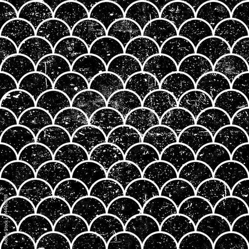 Grunge fish scales monochrome seamless pattern. Abstract black asian background, grunge textured