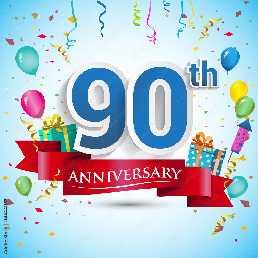 90th Years Anniversary Celebration Design, with gift box and balloons, Red ribbon, Colorful Vector template elements for your ninety birthday celebrating party.