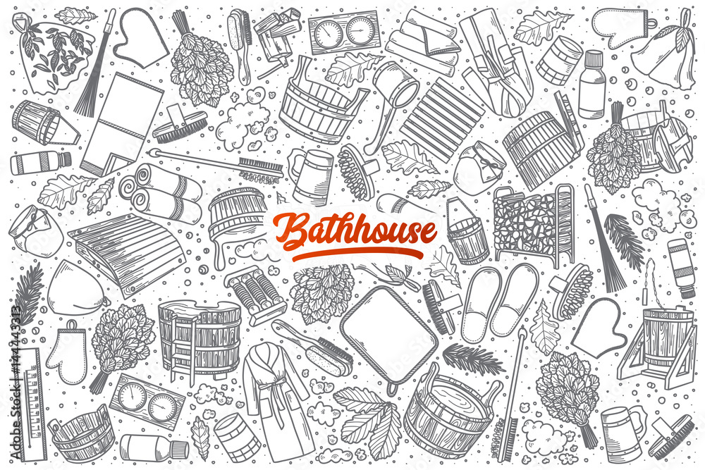 Hand drawn Bathhouse doodle set background with red lettering in vector