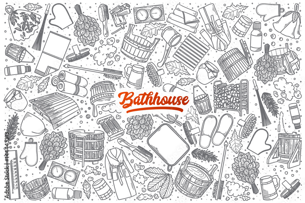 Hand drawn Bathhouse doodle set background with red lettering in vector Hand drawn Bathhouse doodle set background with red lettering in vector