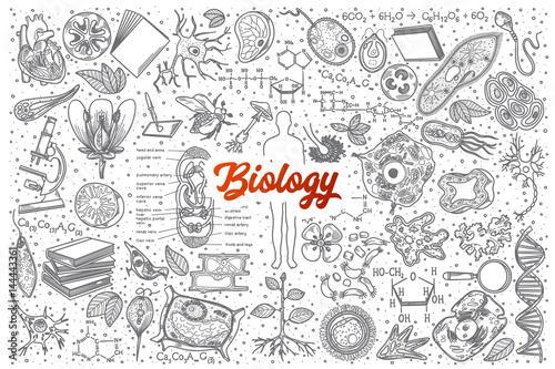 Hand drawn Biology doodle set background with red lettering in vector