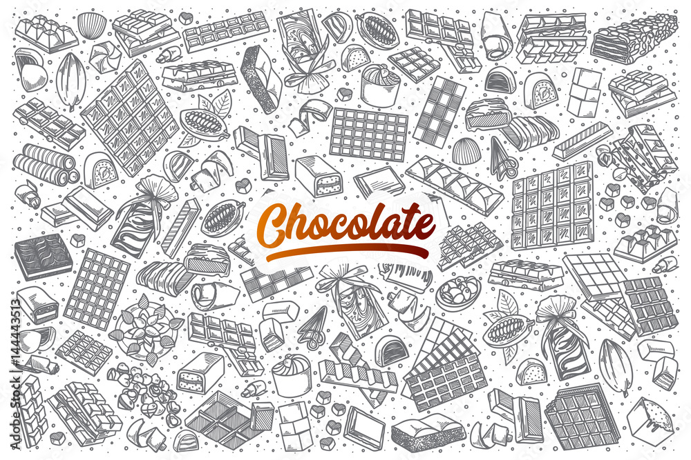 Hand drawn Chocolate doodle set background with orange lettering in vector