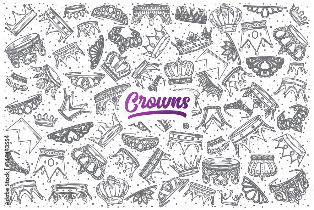 Hand drawn Crowns doodle set background with purple lettering in vector