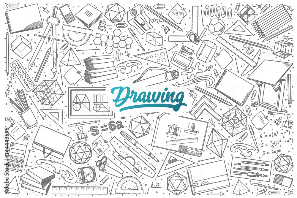 Hand drawn Drawing doodle set background with blue lettering in vector